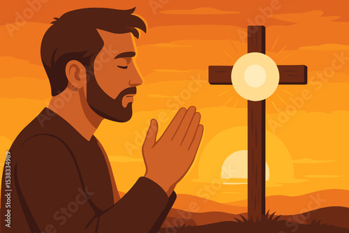 Christian man praying before a cross with a holy Eucharist host at sunset. Vector concept of faith, worship, spirituality, devotion, and communion. Religious person in prayer.