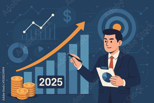 Financial analysis for 2025 with businessman presenting a growth chart. Vector concept of business forecast, investment strategy, market trends, profit success, and revenue goals.