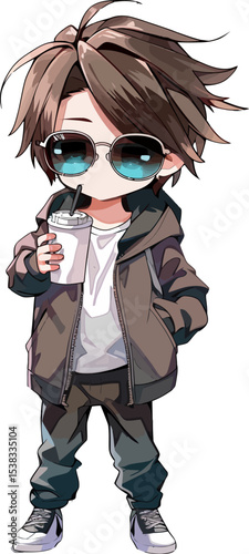 Fashionable Cartoon: An illustrated young person, radiating modern style, holds a coffee cup in their hand, showcasing contemporary cool and relaxed vibe.