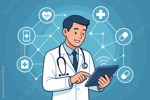 Doctor with tablet illustration. Digital health and telemedicine concept. Physician using technology for online consultation. Healthcare network with medical icons. E-health innovation.