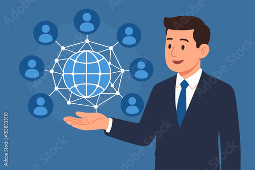 Businessman holding a globe with a network of people icons. Concept of global customer network, worldwide communication, CRM, international business, social media, and technology.