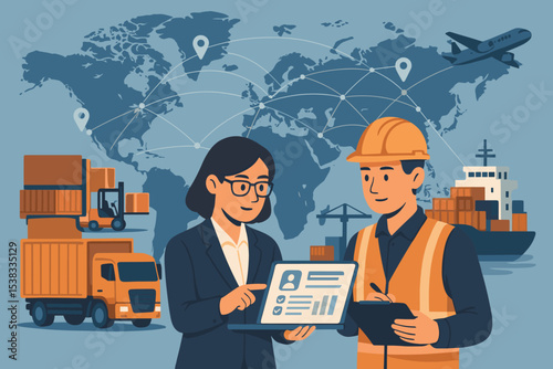 Global logistics network and supply chain management concept. Manager and engineer planning international shipping. World map with freight transport like truck, ship, plane for import export.