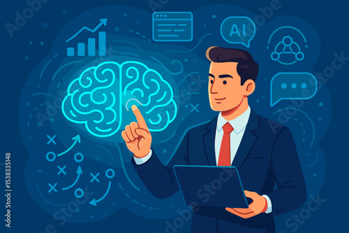 Businessman using AI for business innovation. Manager with laptop pointing at a glowing brain icon. Concept of artificial intelligence, strategic planning, data analysis, and growth.