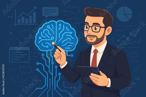 Businessman interacts with AI brain circuit, symbolizing innovation and data analysis. Concept of artificial intelligence, machine learning, business strategy, and technological growth.