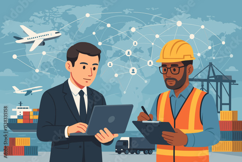 Global logistics network control concept. Businessman and engineer managing supply chain with cargo ship, truck, and airplane. Freight transportation and import export teamwork.