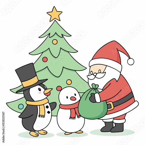 The scene presents a whimsical Christmas tableau. Santa Claus, clad in a red suit with white trim and a yellow hat, stands on the left, a large green sack overflowing with wrapped gifts slung over his
