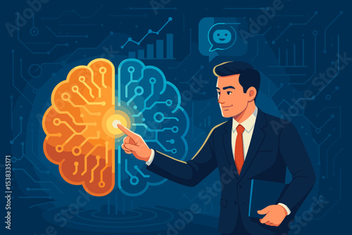 AI powered business innovation concept. Businessman touching digital brain circuit. Artificial intelligence for strategy and data analysis. Machine learning and chatbot technology vector.