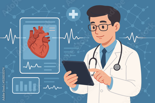 Cardiologist doctor using digital tablet for heart health analysis. Telemedicine and cardiology concept with EKG waveform and human heart illustration on screen. Vector graphic.