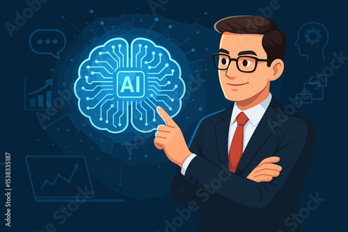 AI powered business innovation concept. Businessman points to digital brain. Artificial intelligence technology for corporate growth, data analysis, strategy and machine learning.