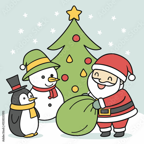The scene presents a whimsical Christmas tableau. Santa Claus, clad in a red suit with white trim and a yellow hat, stands on the left, a large green sack overflowing with wrapped gifts slung over his