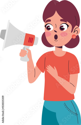Announcing Loudly: A dynamic illustration showcases a woman holding a megaphone, her surprised expression indicating she's just announced something significant. The vibrant and colorful artwork.