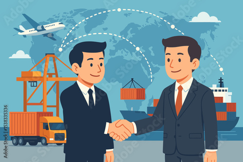 Global logistics partnership concept with businessmen shaking hands. International trade and supply chain management. Freight transportation by truck, ship, plane. World map background.