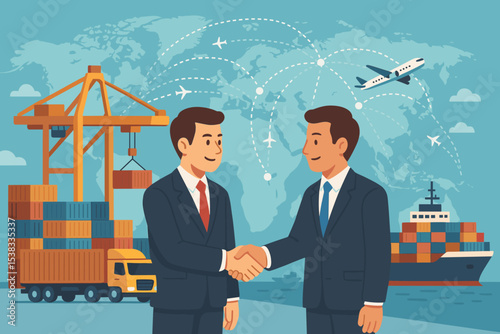 Global logistics partnership and international trade concept. Businessmen handshake for a successful deal. Supply chain management network with cargo ship, truck, plane, and world map.