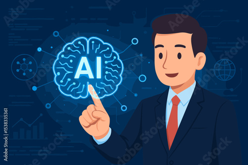 Businessman pointing at glowing AI brain. Artificial intelligence, machine learning, neural network concept. Future technology, innovation, digital transformation for modern business.