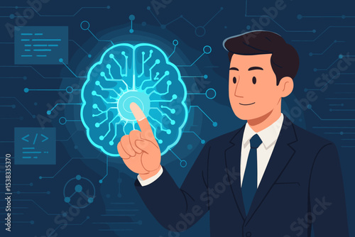 Businessman activating artificial intelligence. Man touching glowing brain icon on a digital interface. Concept of machine learning, neural network, BCI, and future technology.