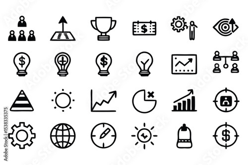 Collection of business and finance icons depicting teamwork growth success and strategic planning in simple black and white style
