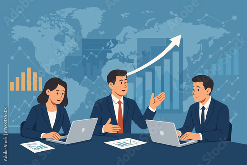 Global finance strategy meeting. Business team analyzes data charts for market growth. Corporate presentation on investment and economy. Teamwork and success concept vector.