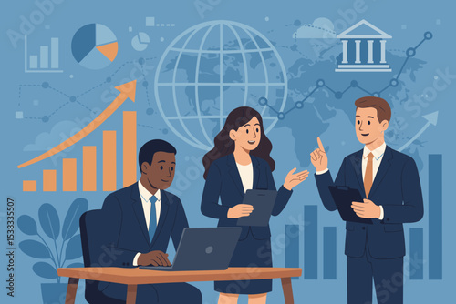 Business team meeting concept. Diverse professionals discussing global finance strategy and data analysis for growth. Corporate collaboration for investment and market success.