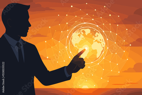 Businessman silhouette touching a digital globe with a glowing global network. Concept for business strategy, technology, innovation, and globalization. Future of communication.