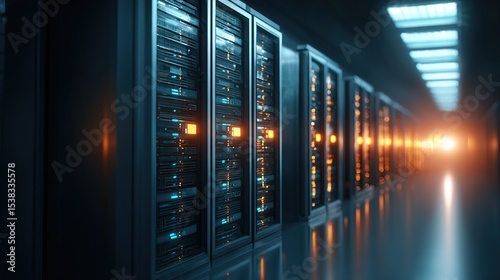 Dark server room with rows of metal server cabinets lit by orange/blue lights