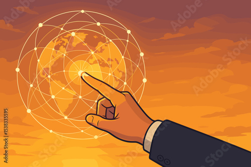 Businessman hand touching a glowing node on a digital global network. Concept of business technology, internet, communication, and connectivity. Metaphor for globalization and AI.