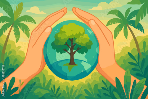 Hands protecting the Earth with a tree inside a glass globe. Concept of nature conservation, ecology, and sustainability. Save the planet. World Environment Day vector illustration.