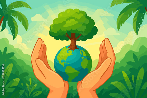 Earth Day concept with hands holding planet Earth and a growing tree. Environmental protection, conservation, and sustainability. Save our planet and nature for a green future. Ecology vector.