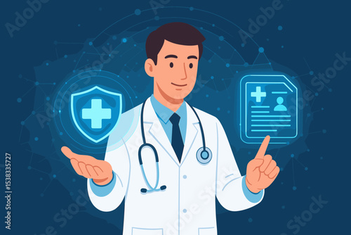 Doctor with digital health interface showing electronic health record and insurance protection. Telemedicine, healthcare technology concept vector. Medical data security illustration.
