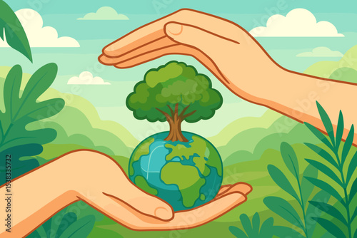 Save our planet concept. Hands protecting the Earth globe with a growing tree. World Environment Day and ecology illustration. Sustainability and nature conservation for a green future.