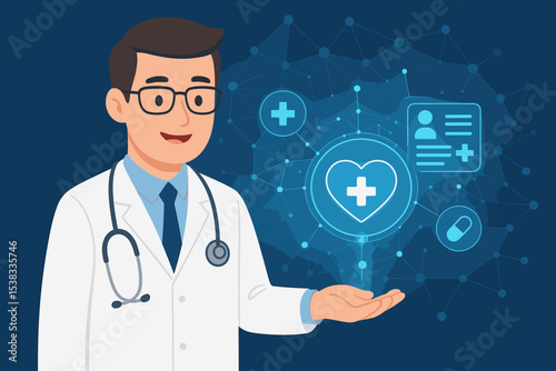 Doctor presenting futuristic digital health interface with glowing icons. Telemedicine, virtual medical consultation, and healthcare technology concept. Male physician with network.