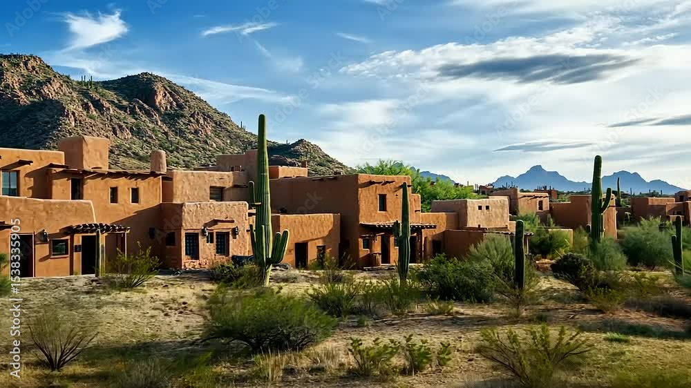 Scenic view of adobe-style buildings nestled in desert landscape with mountains and blue sky backdrop Scenic view of adobe-style buildings nestled in desert landscape with mountains and blue sky backdrop