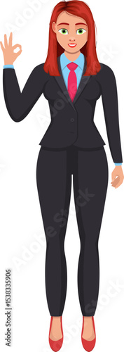 Confident Businesswoman: A poised businesswoman confidently displays a gesture of approval. She is dressed in a professional suit