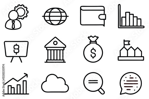 Minimalist line art illustrations representing business finance technology and global communication concepts