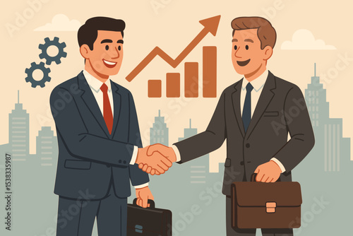 Successful business handshake concept. Two businessmen partners making a deal. Corporate agreement and partnership illustration. Financial growth chart and city background. Teamwork.