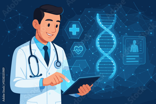 Doctor using tablet on futuristic medical interface. Healthcare technology, telemedicine concept. Scientist analyzing DNA, electronic health record. Genetic research, science, diagnostics.