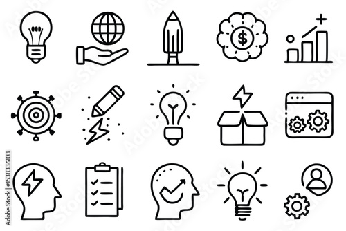 Collection of creative business and innovation concept icons displaying ideas and global thinking for strategy