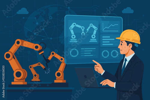 Smart factory concept. Engineer with laptop monitoring automated production line. Industrial robotic arms on conveyor belt. Industry 4.0 manufacturing technology and automation.