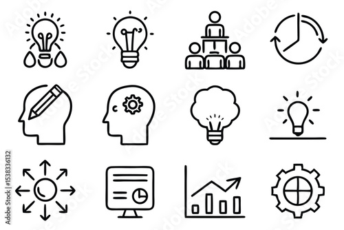 Collection of modern line art icons representing ideas business strategy concepts and creative thinking