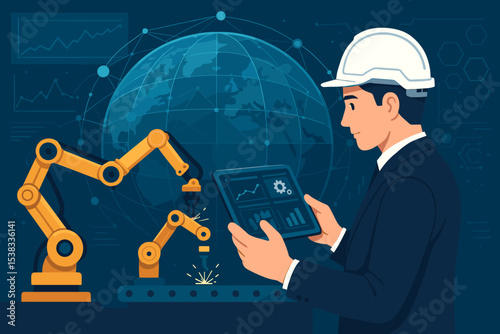 Engineer monitoring robotic arms on automated production line. Industry 4.0 concept. Smart factory technology with data on tablet. Global manufacturing and industrial innovation.