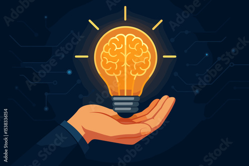 Hand holding glowing lightbulb with brain. Concept for innovative ideas, creativity, inspiration, and intelligence. Business solution, problem solving, and brainstorming metaphor.