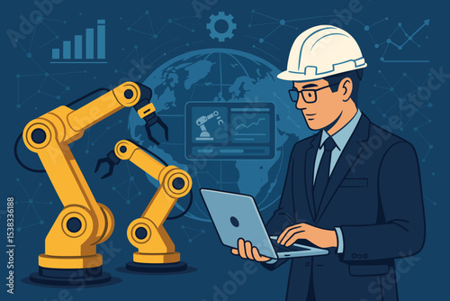 Engineer controlling industrial robotic arms with laptop. Smart factory automation, Industry 4.0 concept. Manufacturing process monitoring, artificial intelligence, production line.