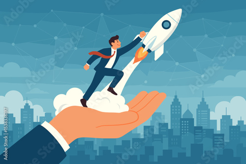 Businessman launching rocket from a helping hand over the city. Startup boost, business success, and career growth concept. Metaphor for support, mentorship, and investment.