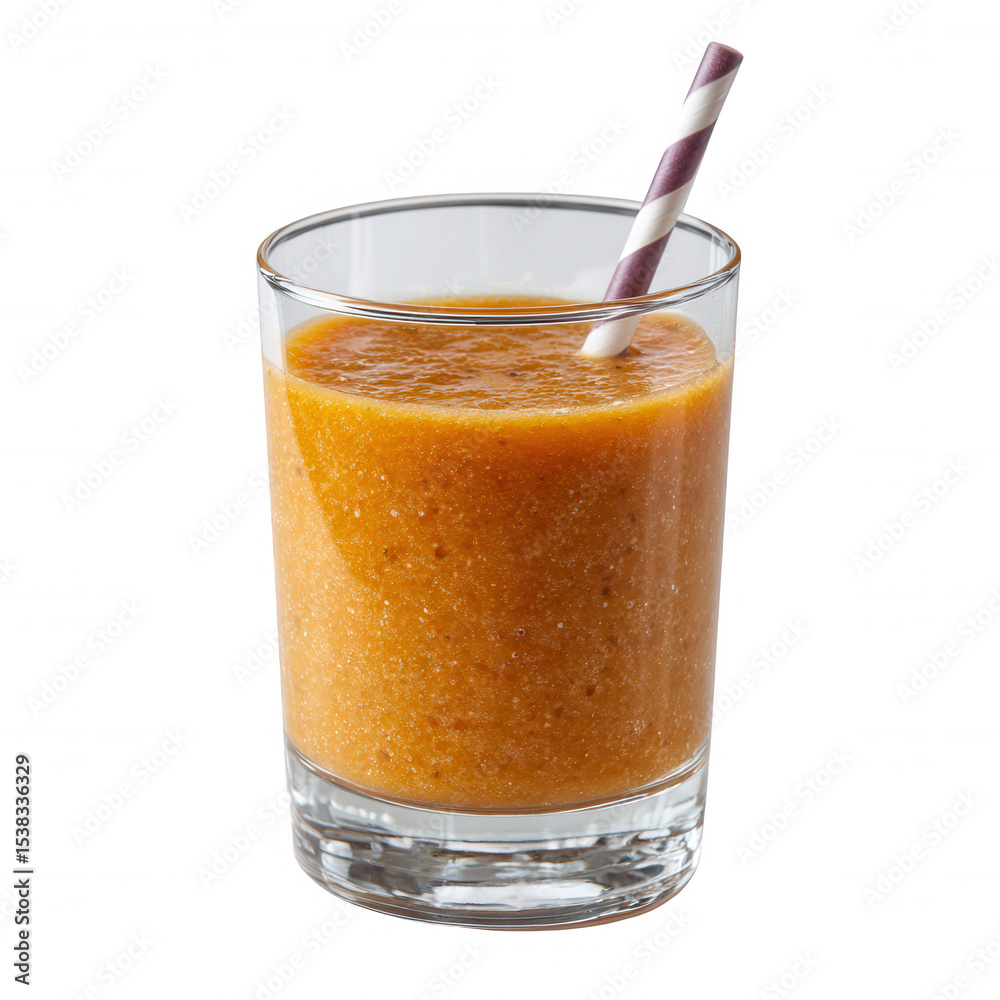 Refreshing orange smoothie in a clear glass with a purple straw against a white background, perfect for a healthy beverage choice. Refreshing orange smoothie in a clear glass with a purple straw against a white background, perfect for a healthy beverage choice.