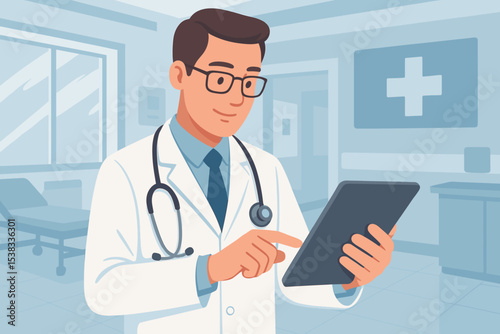 Doctor using digital tablet in a hospital clinic. Telemedicine and healthcare technology concept. Male physician or practitioner with stethoscope providing online medical services.