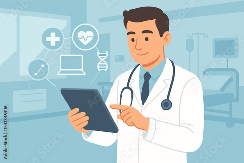 Male doctor using a digital tablet for modern healthcare. E-health technology concept with medical icons for electronic patient records, cardiology, and DNA research. Telemedicine illustration.