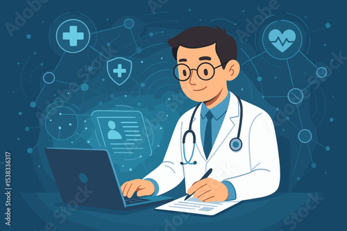 Doctor at computer with digital healthcare interface. Telemedicine, online medical consultation concept. Healthcare technology innovation, electronic patient record. Vector illustration.