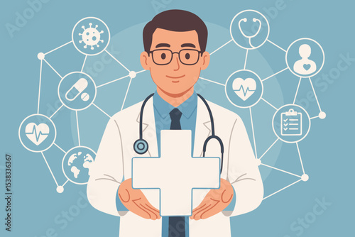 Doctor holding medical cross symbol with healthcare technology network icons. Concept of modern medicine, global health, clinic services, and professional patient care. Vector.
