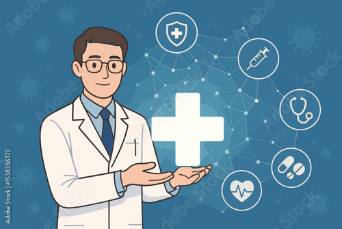 Healthcare and medical technology concept with doctor character. Physician with network of health icons for insurance, protection, vaccination, and treatment. Medicine innovation vector.