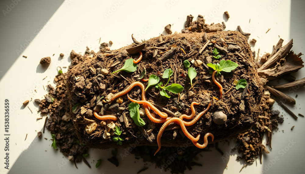 Fototapeta premium Colorful snakes resting on a log with soil and plants in sunlight