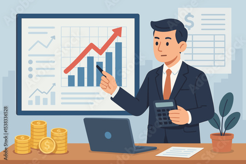 Financial analyst presenting business growth strategy with chart and graph. Businessman shows report on investment, profit and income. Economy success concept. Vector illustration.